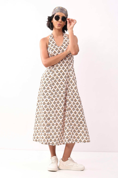 Ivory Cotton Floral Tie-Up Midi A-Line Dress