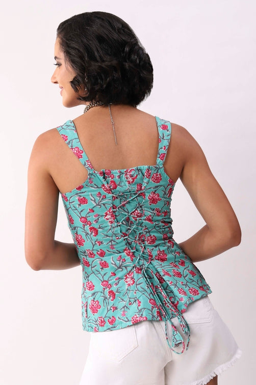 Turquoise Cotton Floral Tie-Up Back Strappy Top