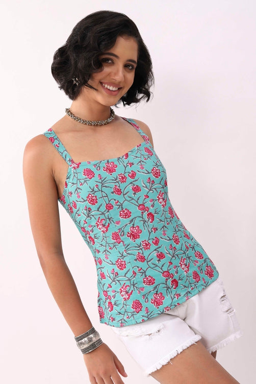 Turquoise Cotton Floral Tie-Up Back Strappy Top