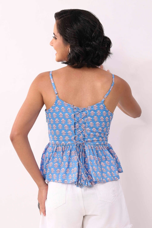 Blue Cotton Floral Tie-Up Back Peplum Top