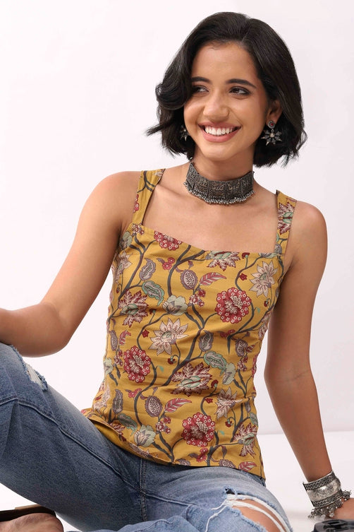 Mustard Cotton Floral Lace-Up Back Strappy Top