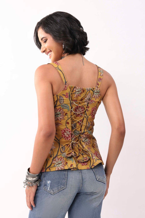 Mustard Cotton Floral Lace-Up Back Strappy Top