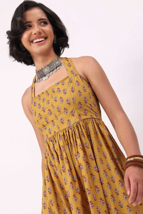 Yellow Cotton Floral Lace-Up Midi Dress