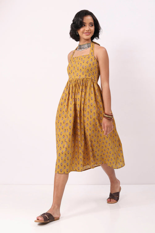 Yellow Cotton Floral Lace-Up Midi Dress