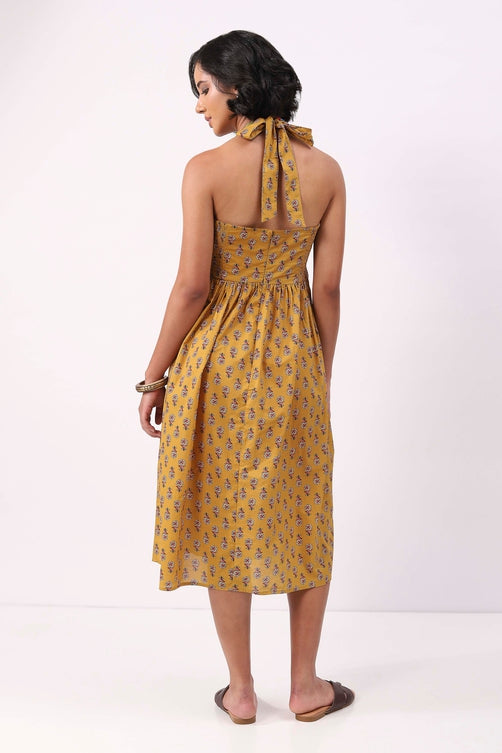 Yellow Cotton Floral Lace-Up Midi Dress