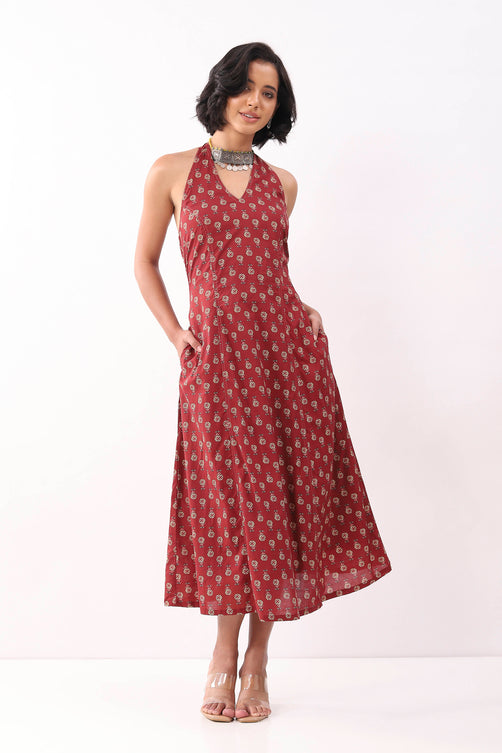 Red Cotton Floral Printed Lace-Up Midi Dress