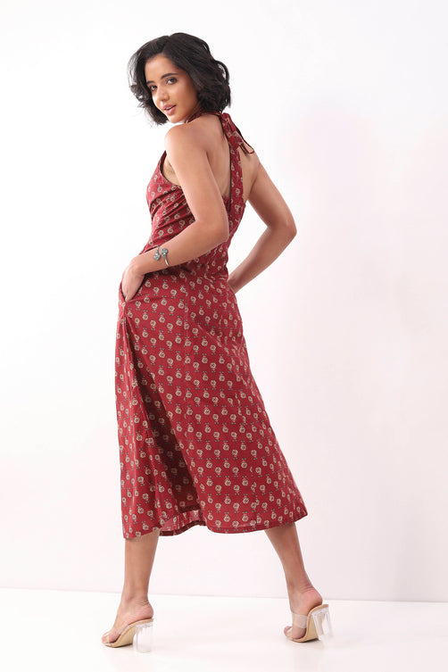 Red Cotton Floral Printed Lace-Up Midi Dress