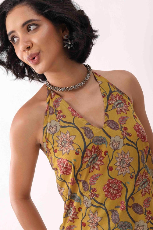Mustard Cotton Floral Halter Lace-Up Kurti