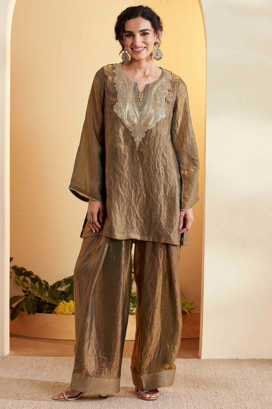 Green & Antique Gold Metallic Shimmer Embroidered Kurta Set