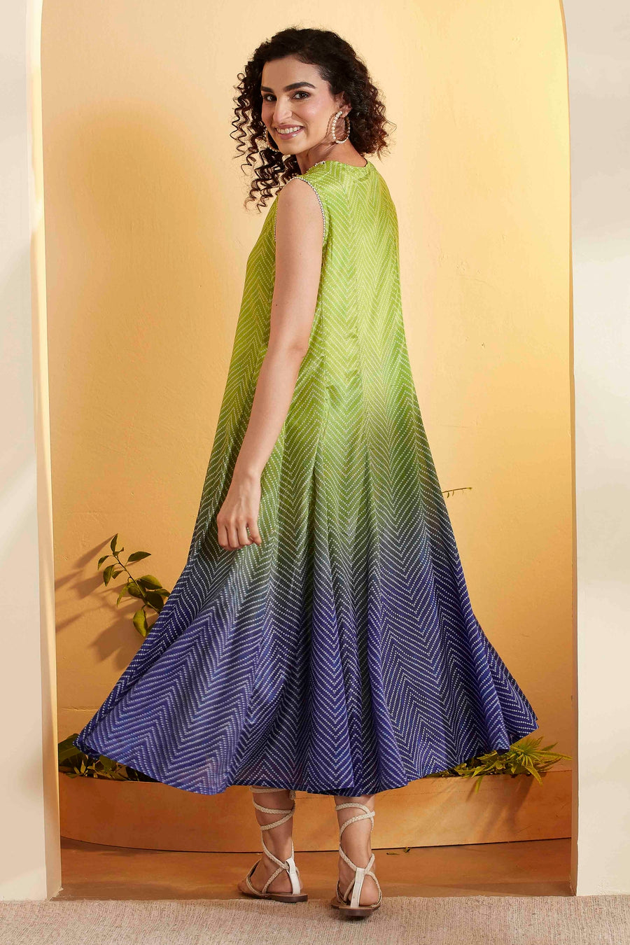 Green & Navy Blue Ombre Chevron Print Sleeveless Dress – view 3