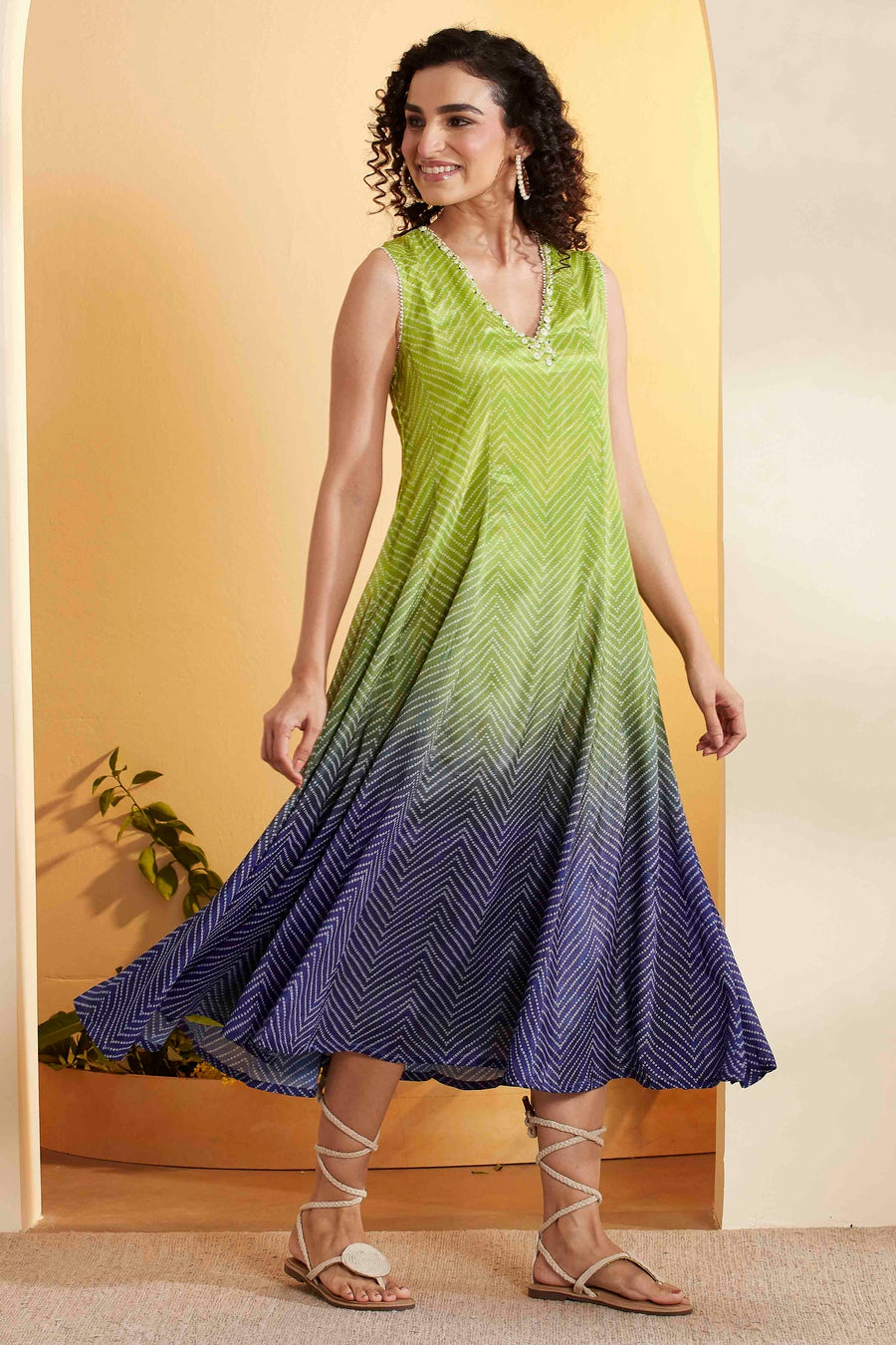 Green & Navy Blue Ombre Chevron Print Sleeveless Dress – view 4