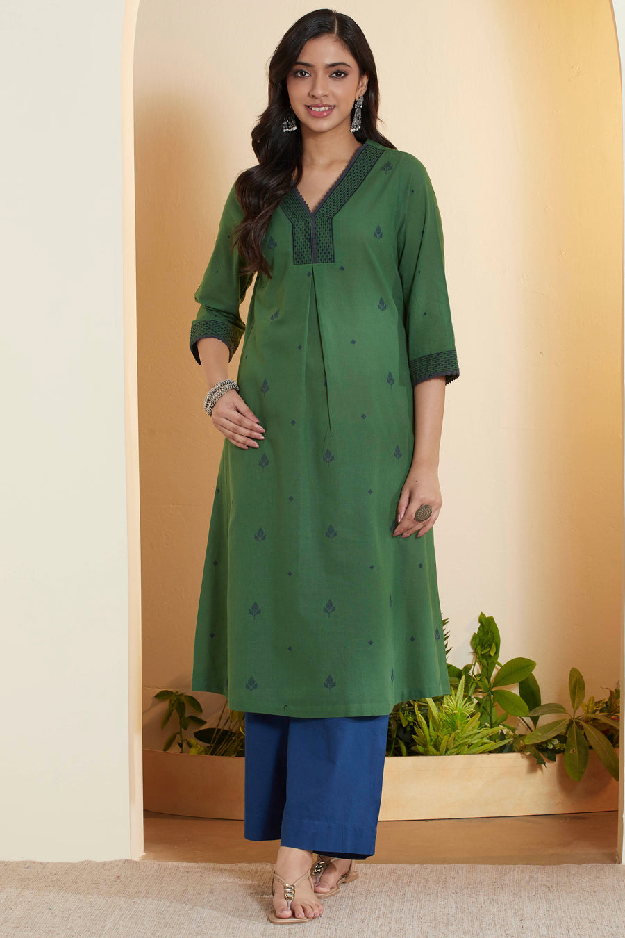 Green Printed A-Line Kurta