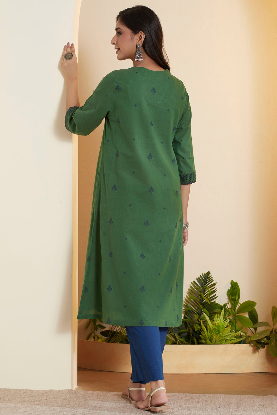 Green Printed A-Line Kurta