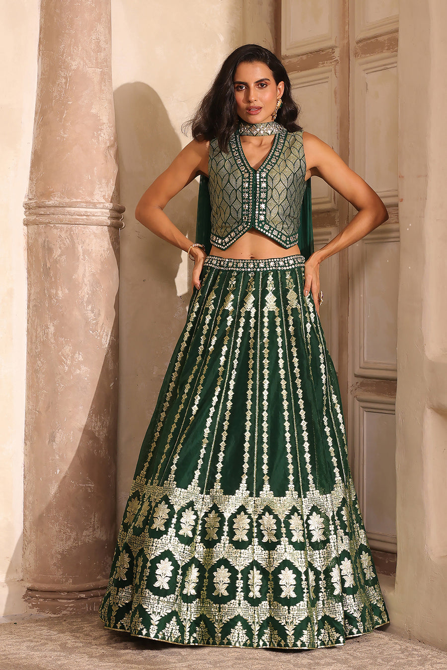 Green Jacquard Printed Mirror Work Lehenga Set