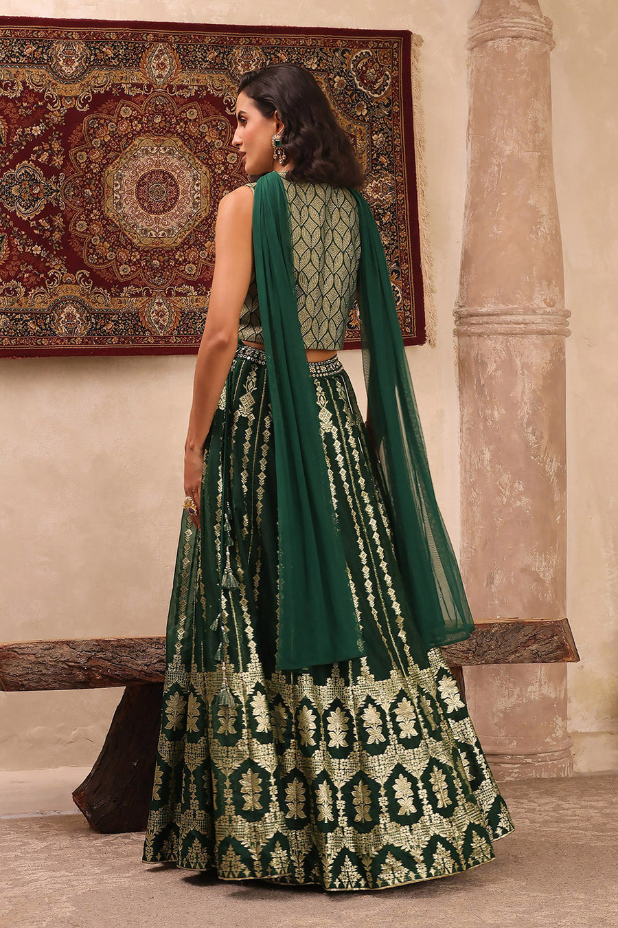 Green Jacquard Printed Mirror Work Lehenga Set