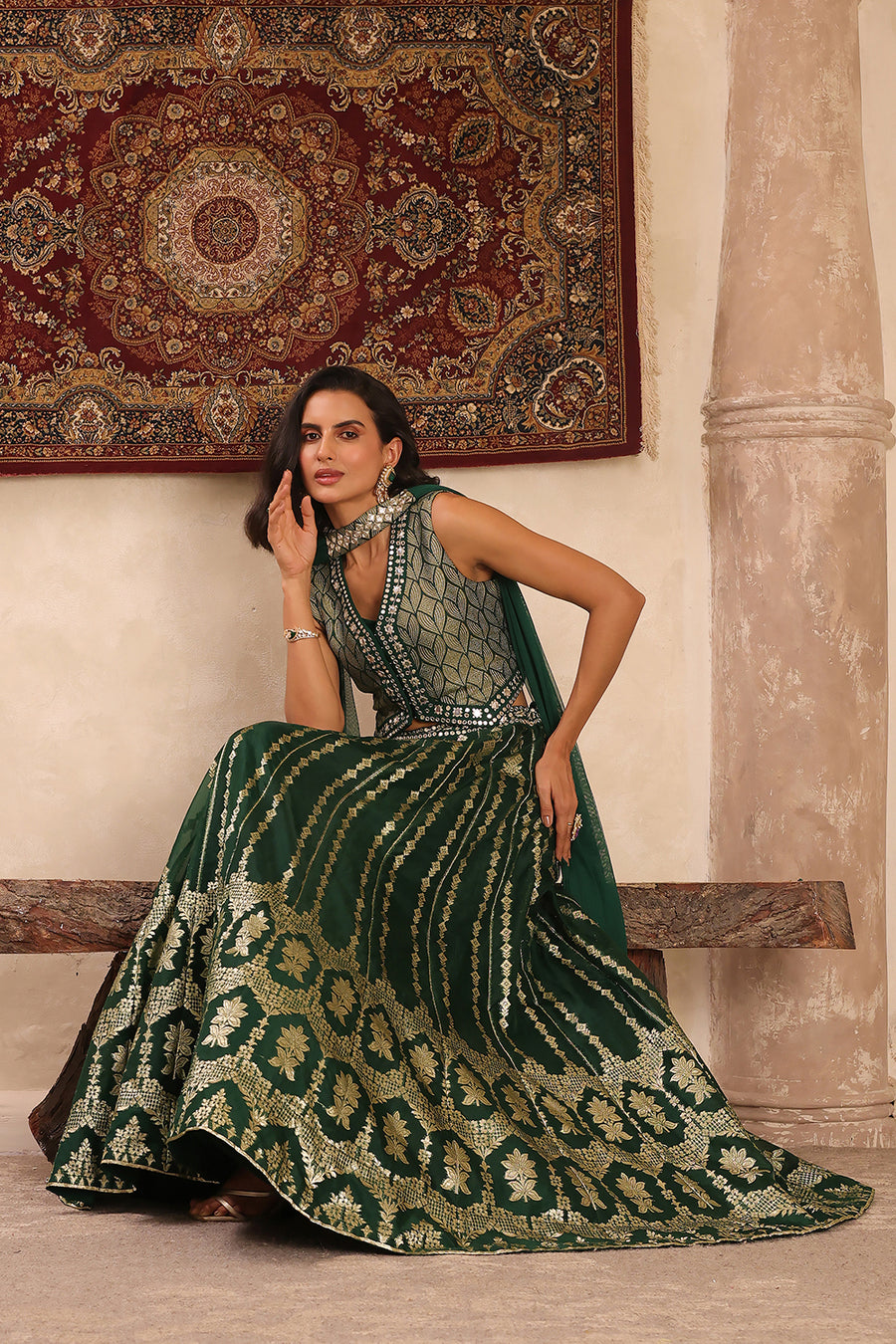 Green Jacquard Printed Mirror Work Lehenga Set