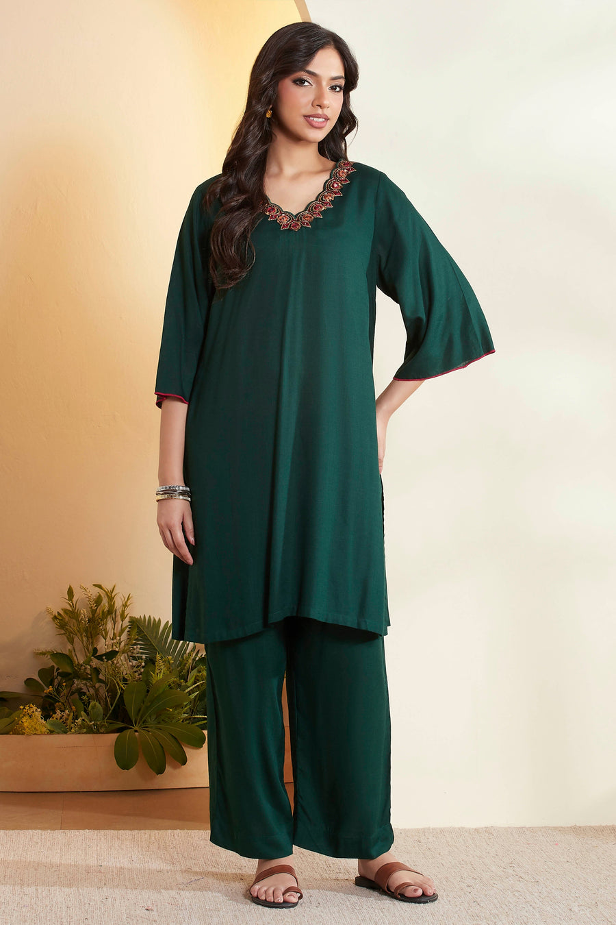 Dark Green Embellished Neckline Kurta Set
