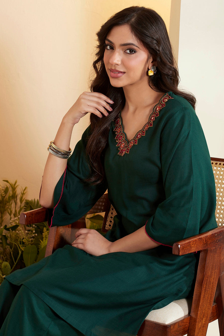 Dark Green Embellished Neckline Kurta Set – view 2