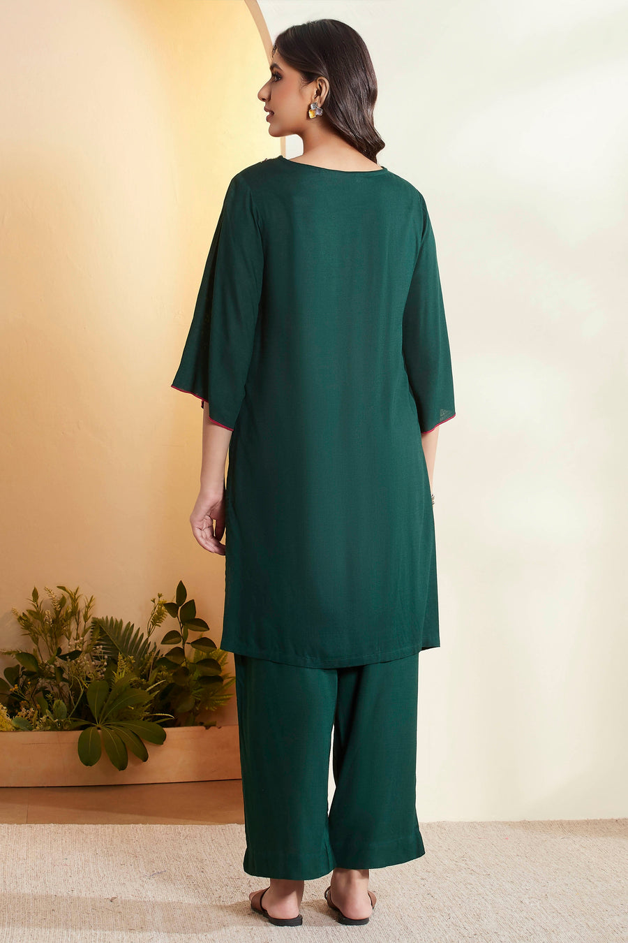 Dark Green Embellished Neckline Kurta Set – view 3