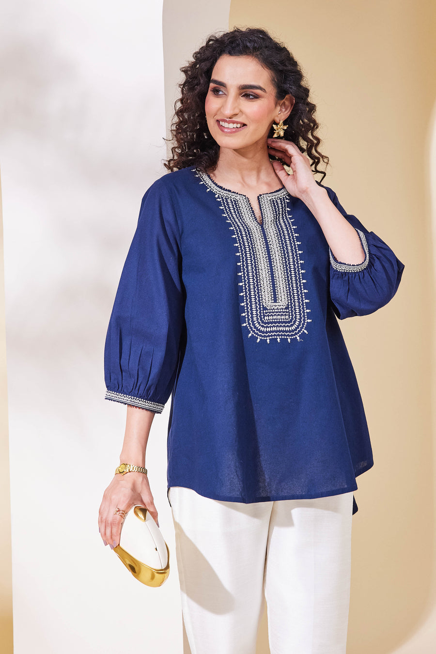 Navy Blue Embroidered Tunic / Short Kurti – view 2