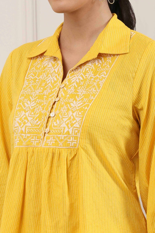 Yellow Cotton Yoke Embroidered Kurti