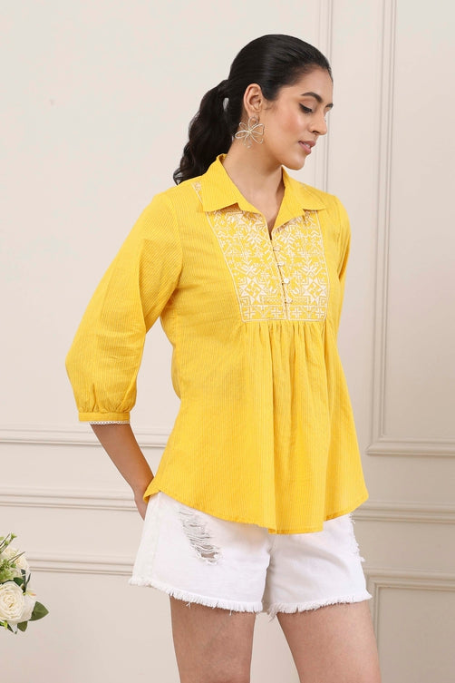 Yellow Cotton Yoke Embroidered Kurti