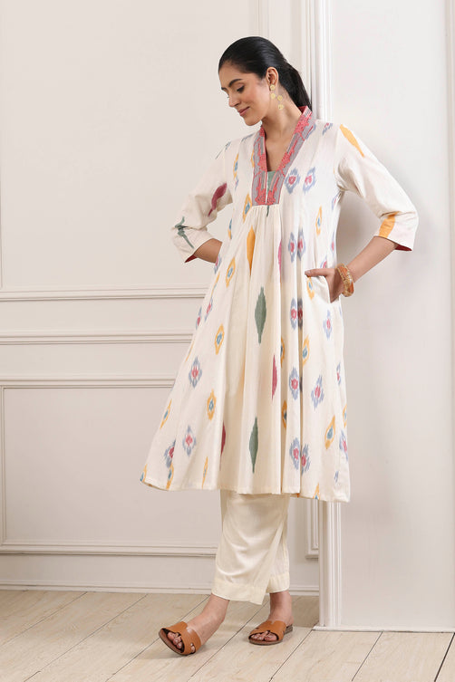 Off White Cotton Geometric Printed A-Line Kurta