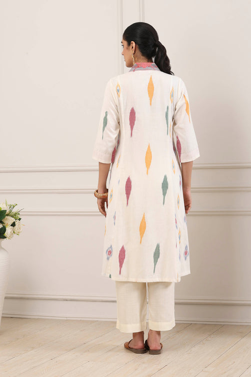 Off White Cotton Geometric Printed A-Line Kurta