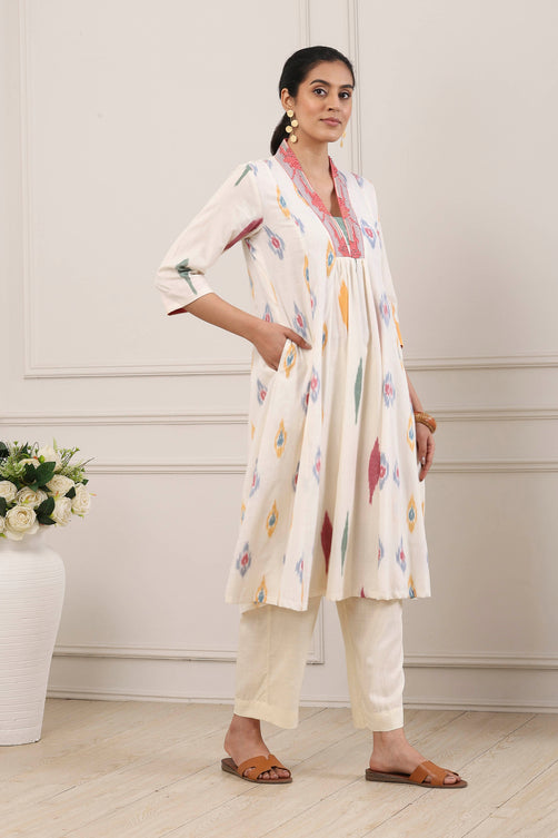 Off White Cotton Geometric Printed A-Line Kurta