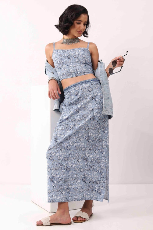 Blue Cotton Floral Side Slit Maxi Skirt