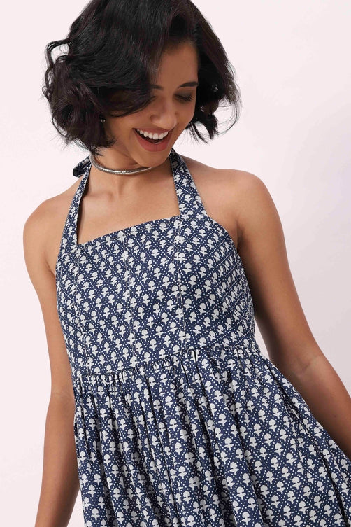 Indigo Cotton Ethnic Motif Printed Halter Midi Dress
