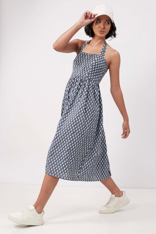 Indigo Cotton Ethnic Motif Printed Halter Midi Dress