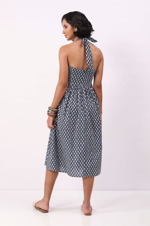Indigo Cotton Ethnic Motif Printed Halter Midi Dress