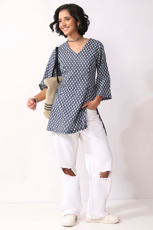 Indigo Cotton Ethnic Motif Print Lace-Up Kurti