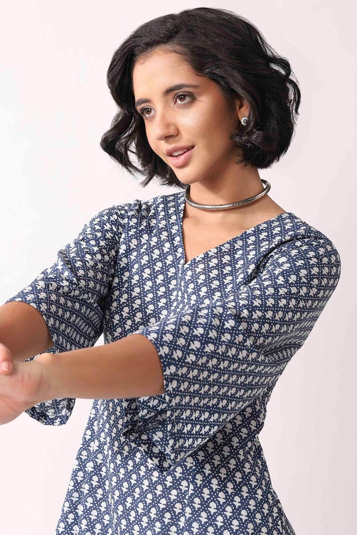 Indigo Cotton Ethnic Motif Print Lace-Up Kurti