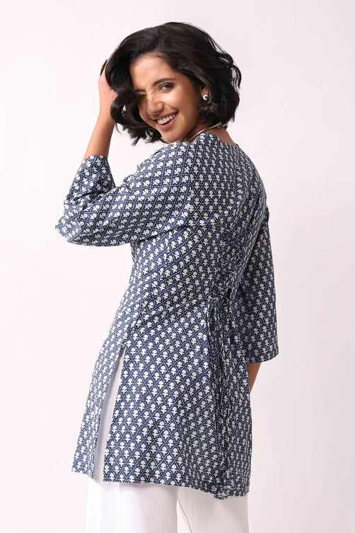 Indigo Cotton Ethnic Motif Print Lace-Up Kurti