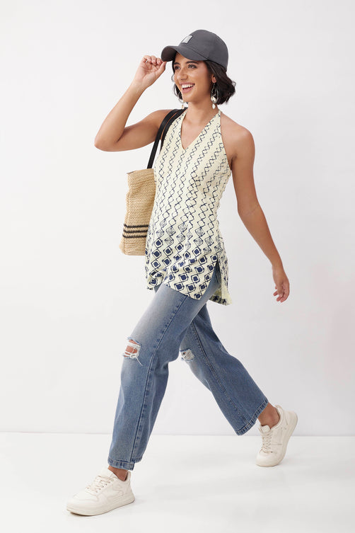 Ivory Cotton Geometric Tie-Up Halter Kurti