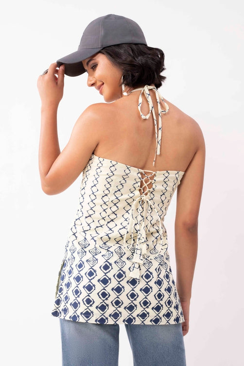 Ivory Cotton Geometric Tie-Up Halter Kurti