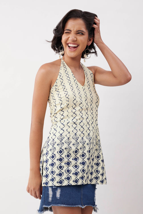 Ivory Cotton Geometric Tie-Up Halter Kurti