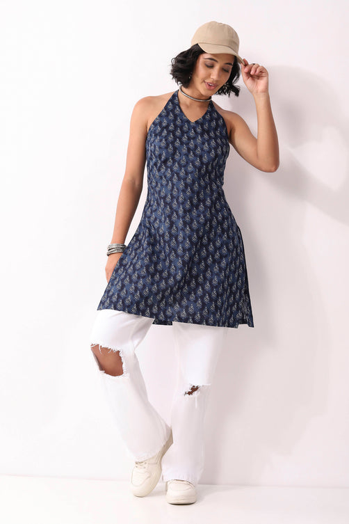 Indigo Cotton Floral Halter Tie-Up Kurti