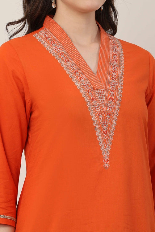 Orange Cotton Floral Thread Work Straight Kurta