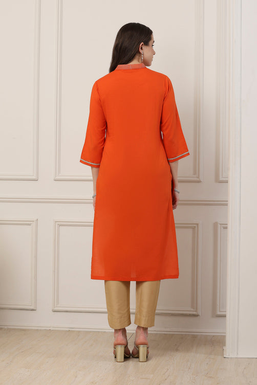 Orange Cotton Floral Thread Work Straight Kurta
