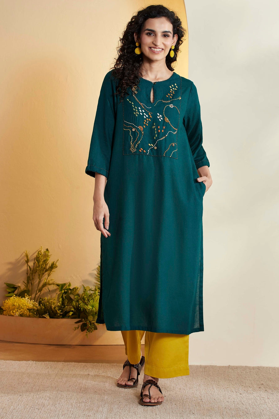 Bottle Green Embroidered Straight Kurta