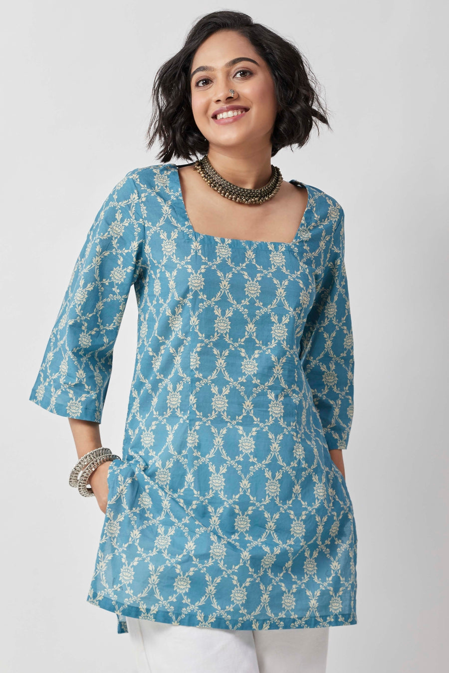 Blue Floral Printed Square Neck Short Kurti