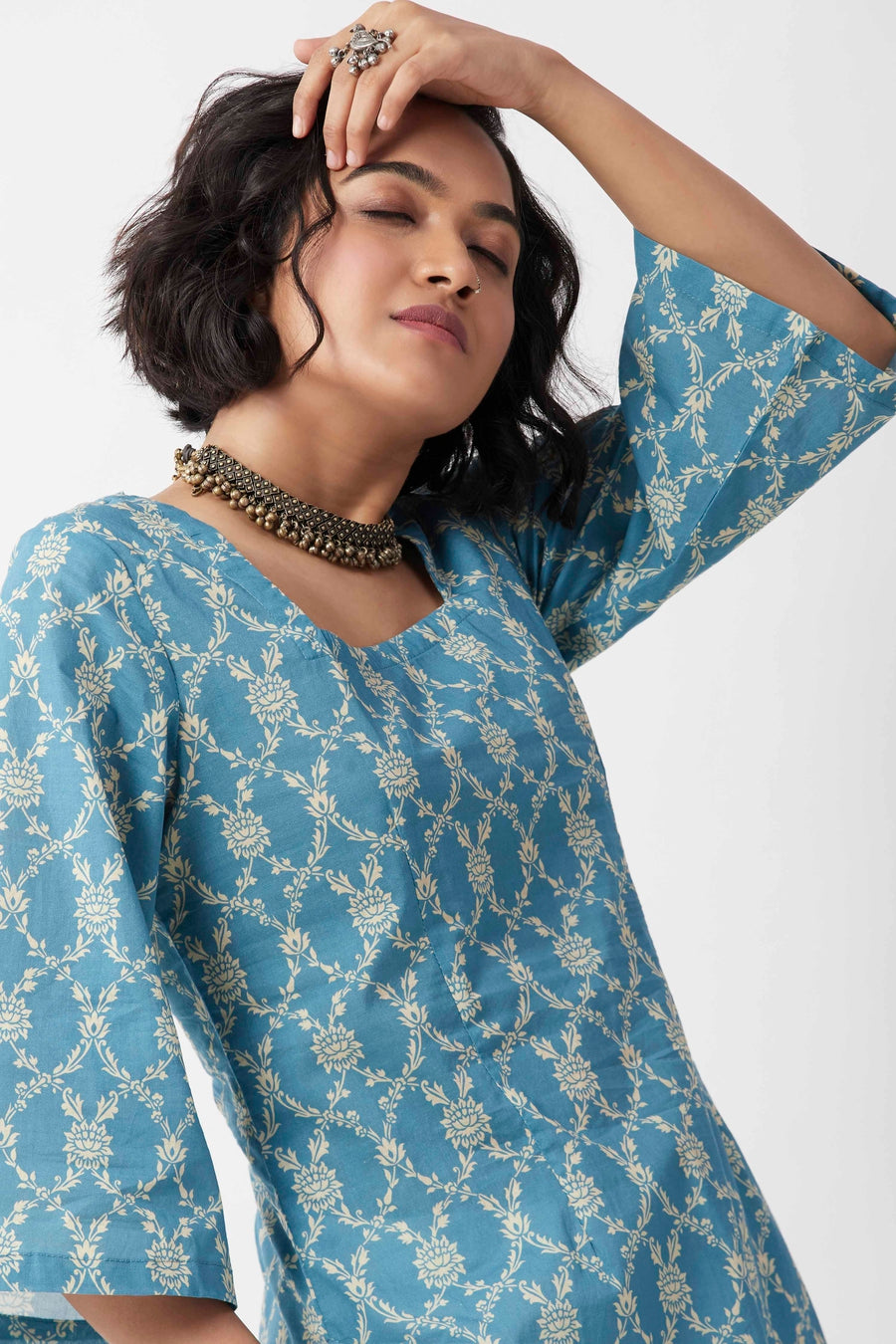 Blue Floral Printed Square Neck Short Kurti