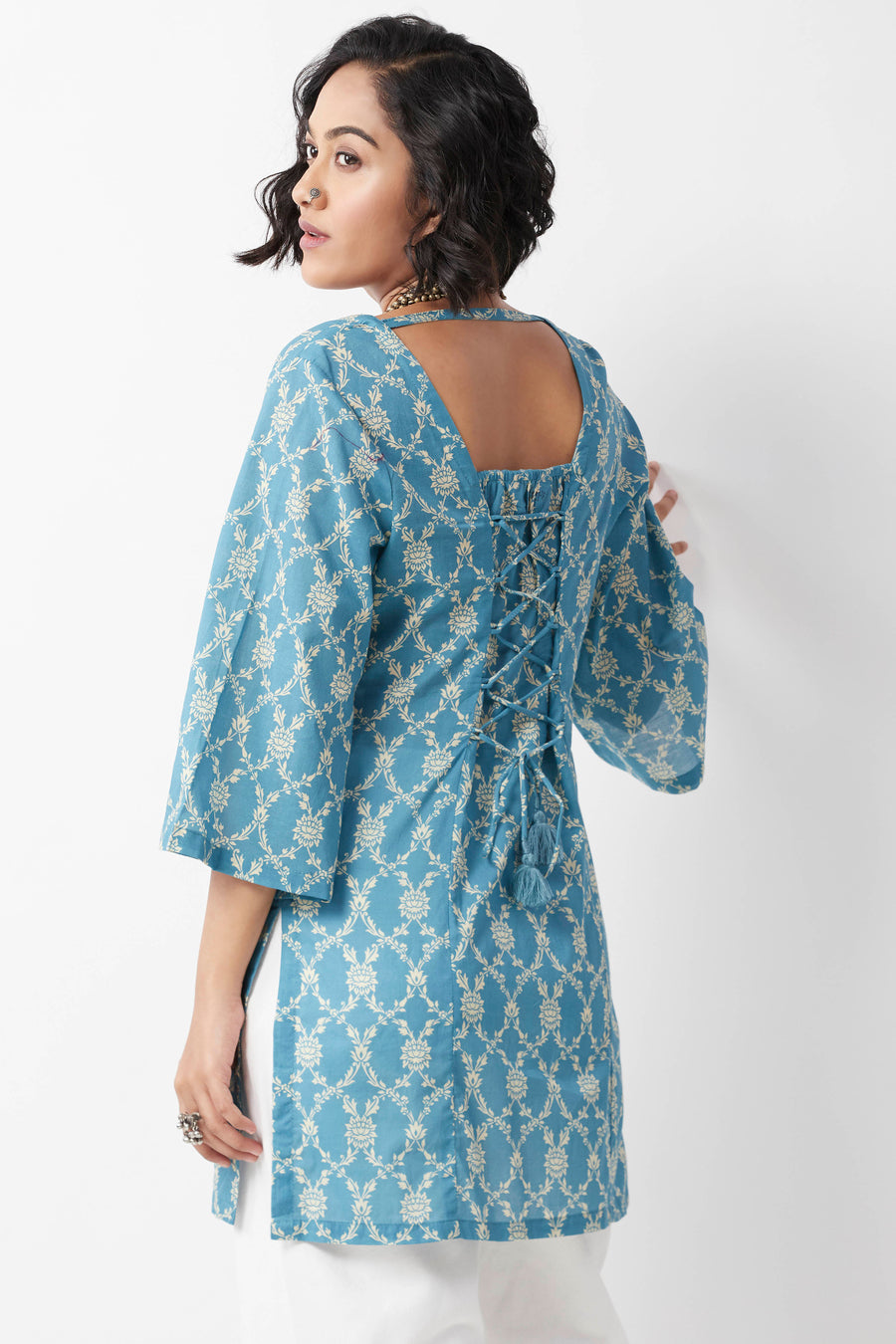 Blue Floral Printed Square Neck Short Kurti