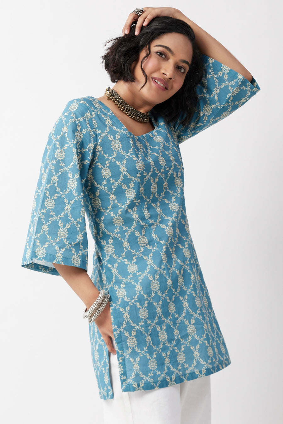 Blue Floral Printed Square Neck Short Kurti