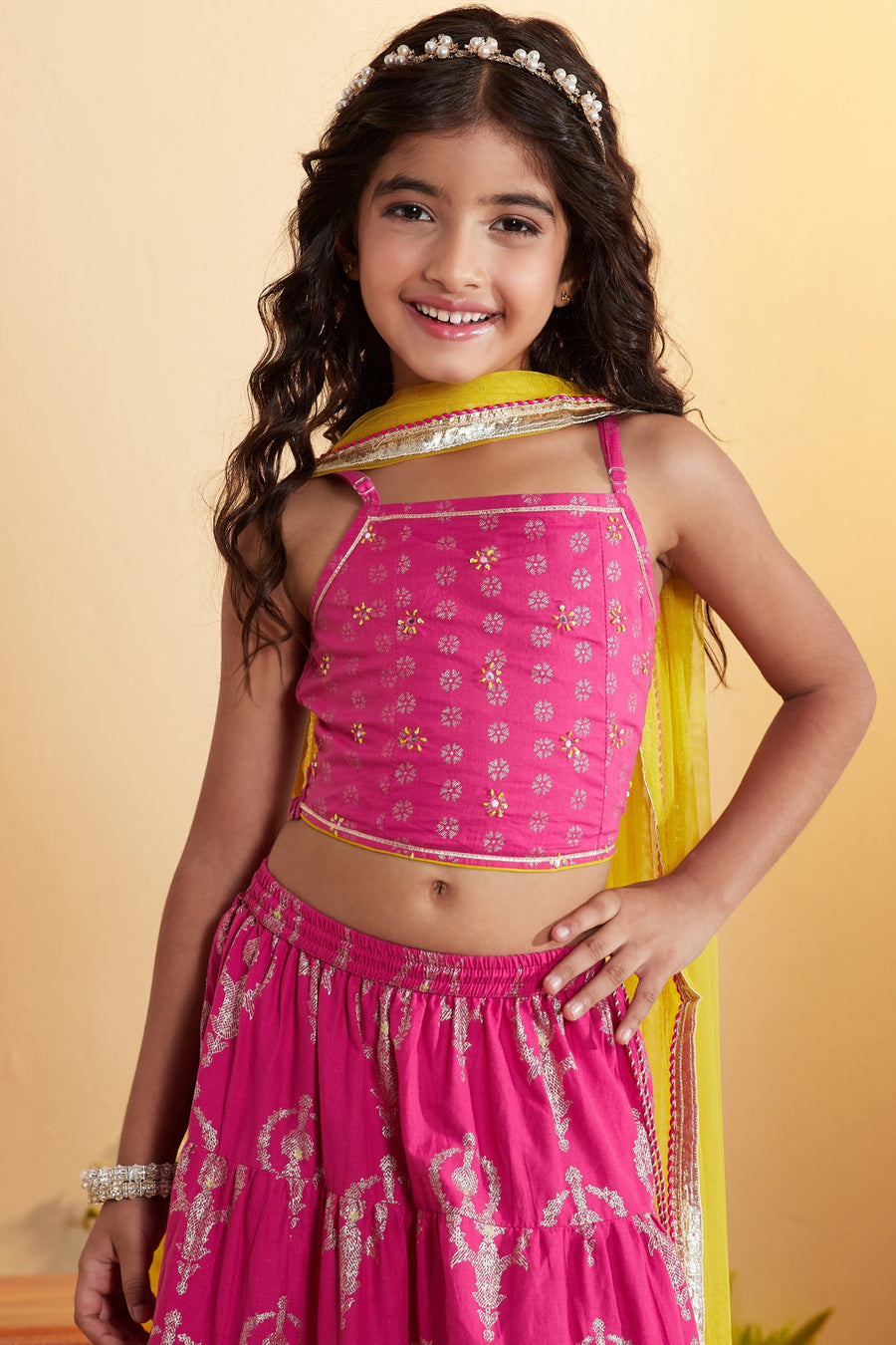 Girls pink printed tiered lehenga set by BIBA, image 2 of 4