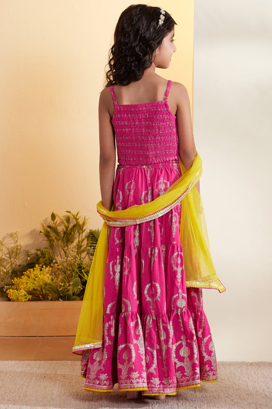 Girls pink printed tiered lehenga set by BIBA, image 3 of 4