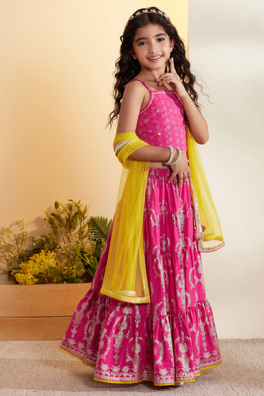 Girls pink printed tiered lehenga set by BIBA, image 4 of 4